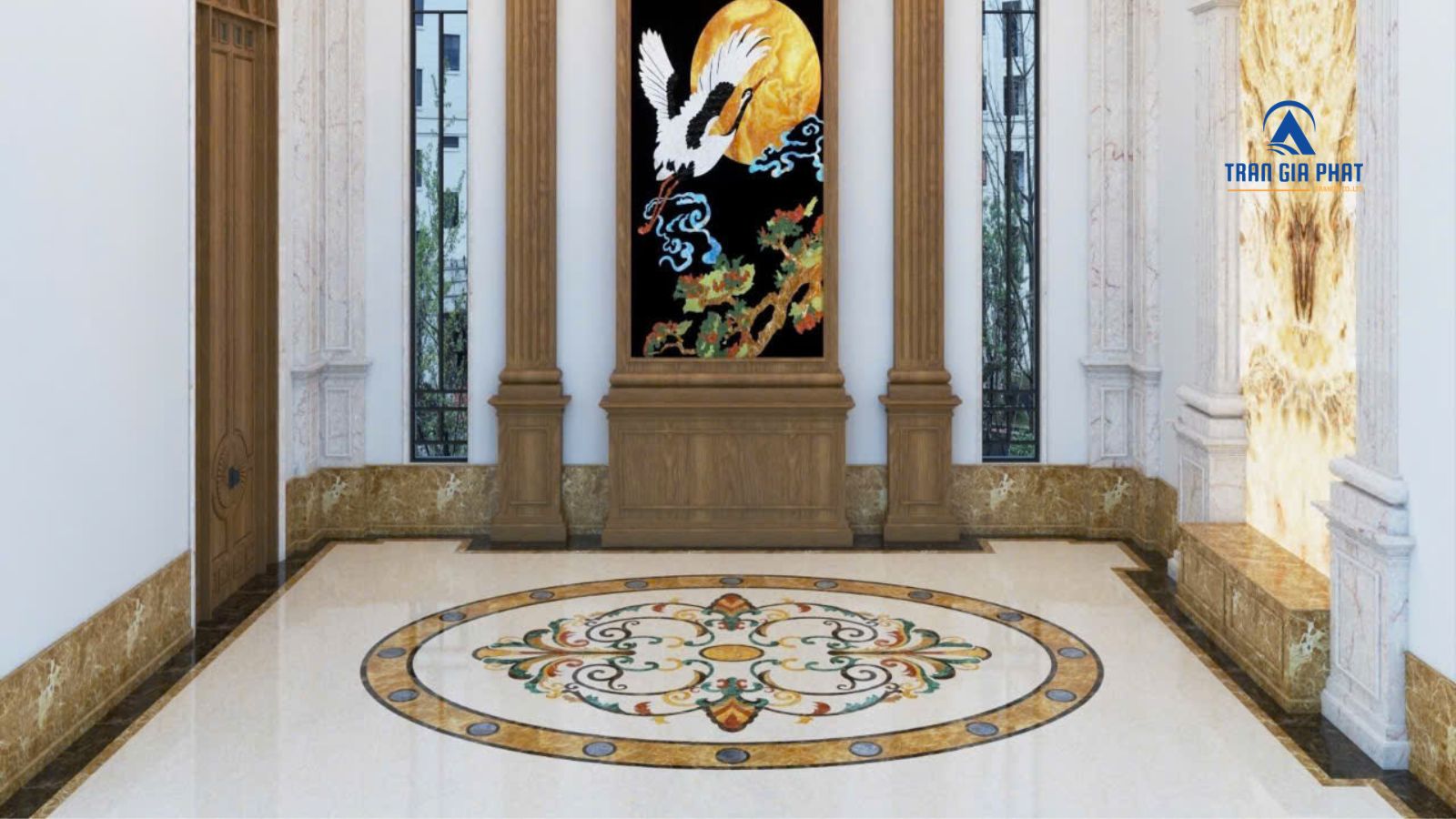 Mẫu đá lát sảnh nhà hoa văn hình bầu dục