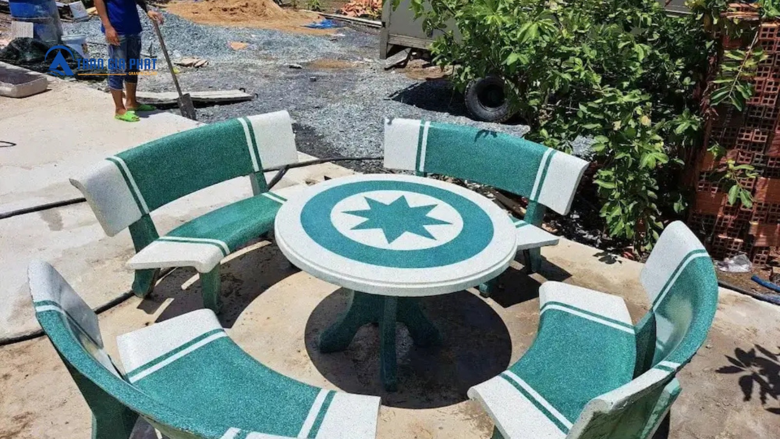 Bàn ghế đá đẹp trắng xanh hoa văn ngôi sao của BHF