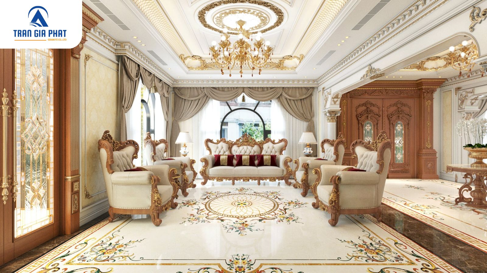 Mẫu hoa văn đá lát nền cổ điển làm nổi bật phòng khách