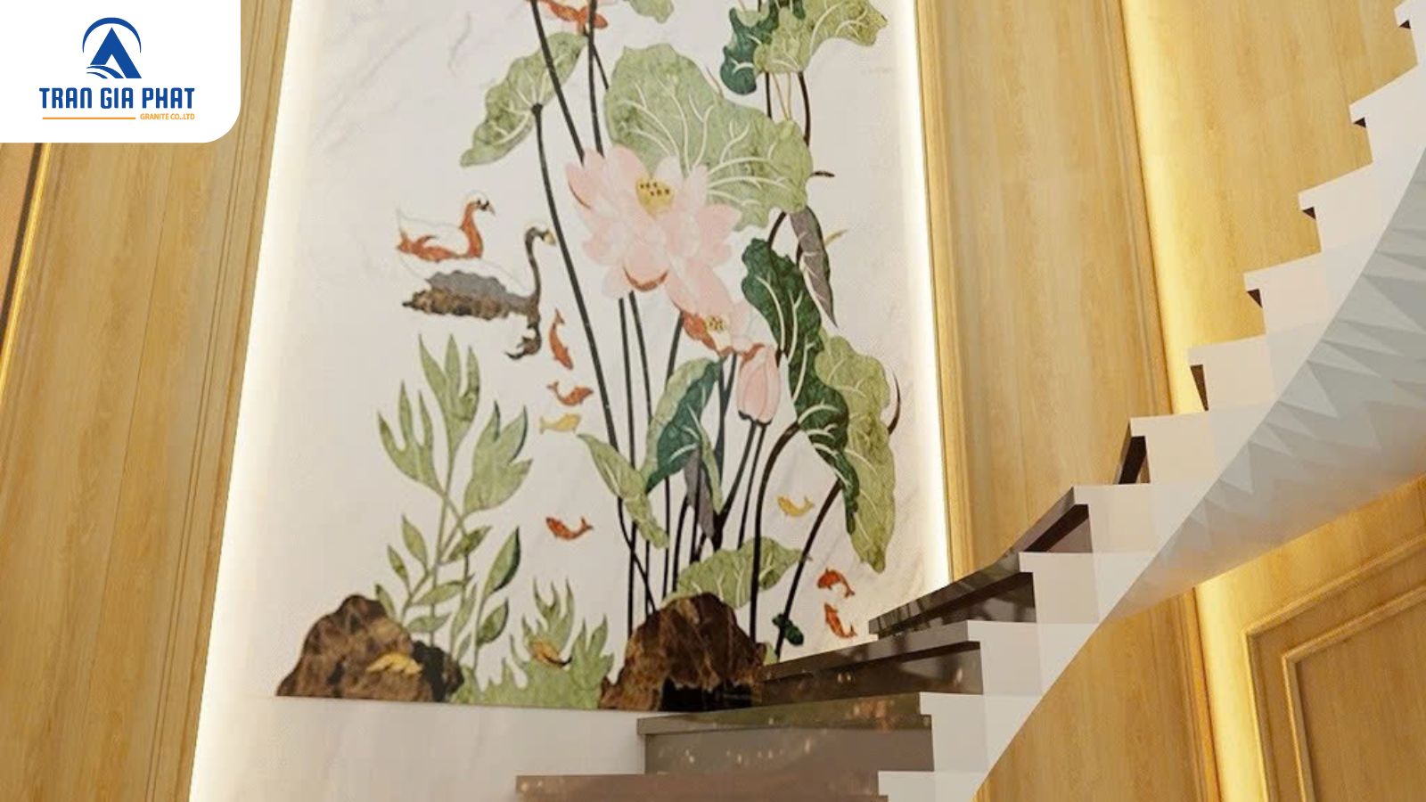 Mẫu đá hoa văn trang trí phòng khách hình hoa sen 