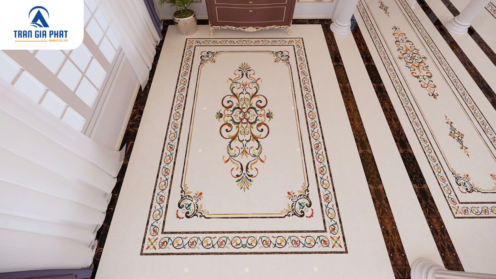 Mẫu đá hoa văn trang trí phòng khách hình chữ nhật