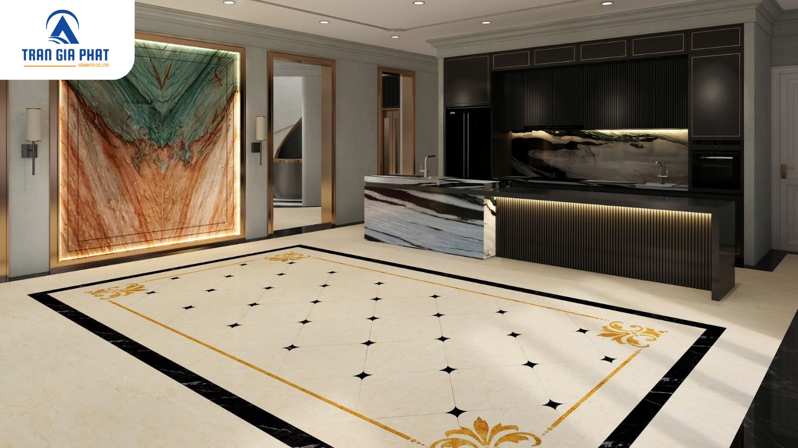 Mẫu đá hoa văn trang trí phòng khách hình khối